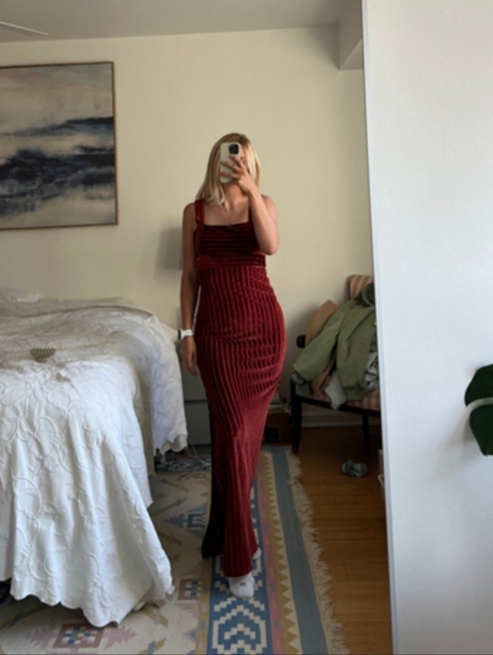 Free People Rust Velvet Maxi Knit Dress Square Neck Side Slit Medium - Picture 15 of 16